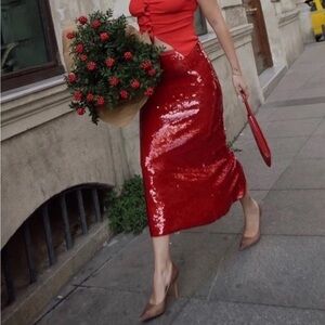 Zara Red Sequin Midi Skirt NWT